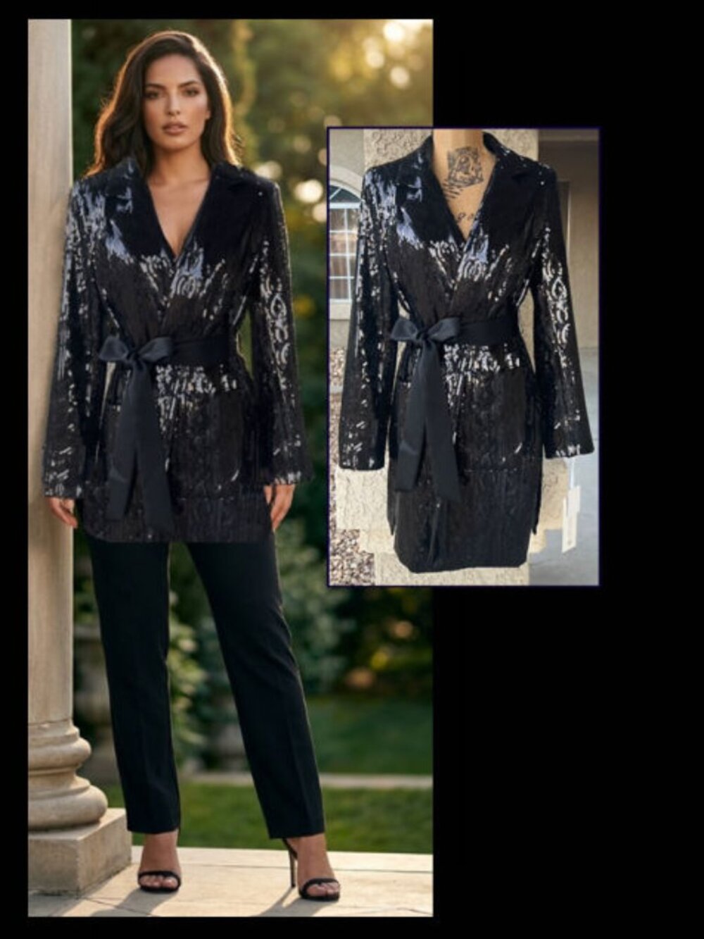 Etcetera Incredible eGalaxy Black Sequins Belt Coat Jacket Size 6 NWT